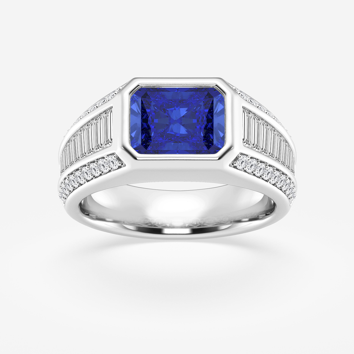 9x7 mm Emerald Cut Created Sapphire & 1 1/3 Baguette and Round Lab Grown Diamond Side Stones Engagement Ring
